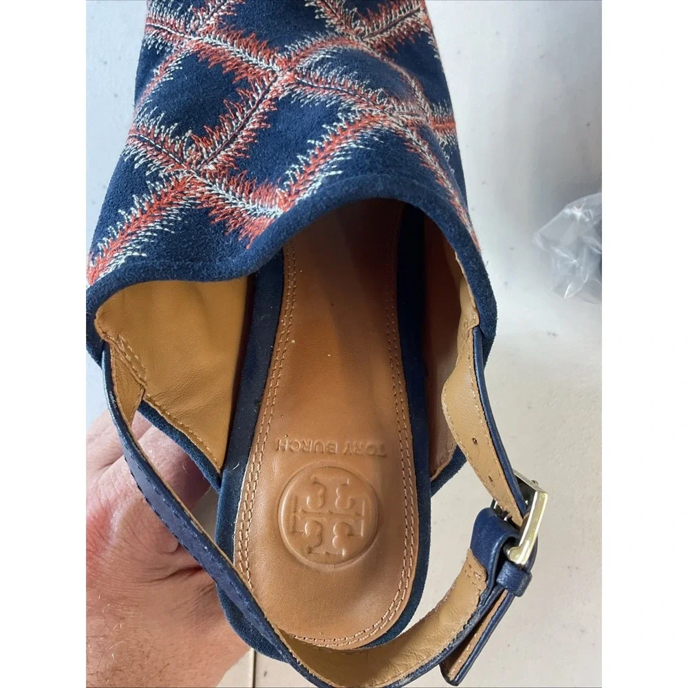 Tory Burch Trinity‎ suede embroidered Espadrille sandals heels Size 7.5 blue
